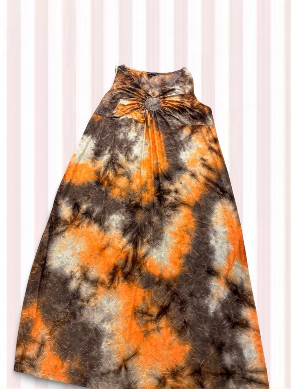 Sami & Jo Orange, Brown, Cream Tie-Dye Maxi Dress with Front Rosette